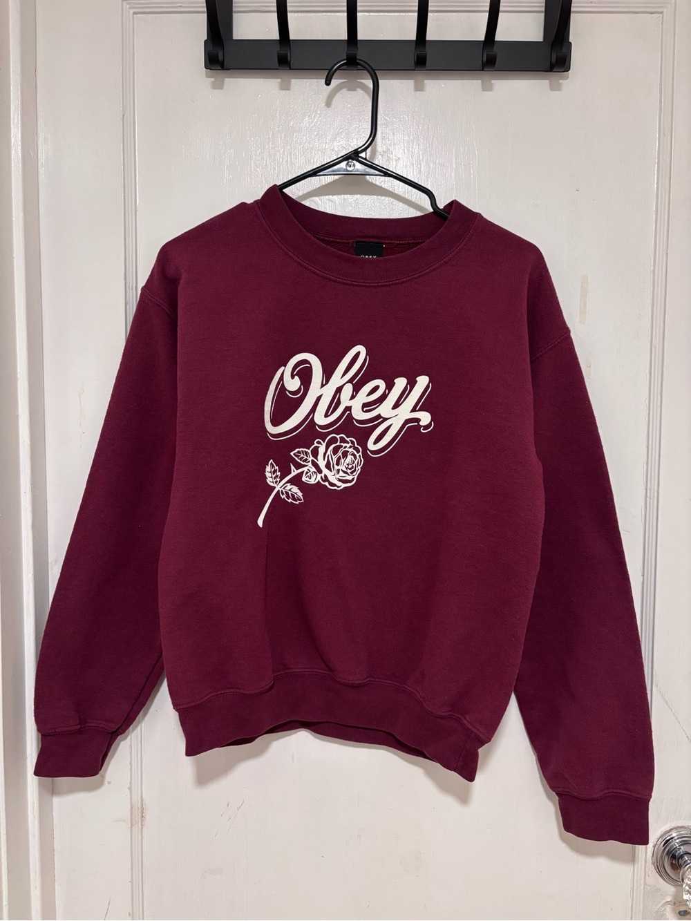Obey Burgundy Crewneck Sweatshirt with White Rose